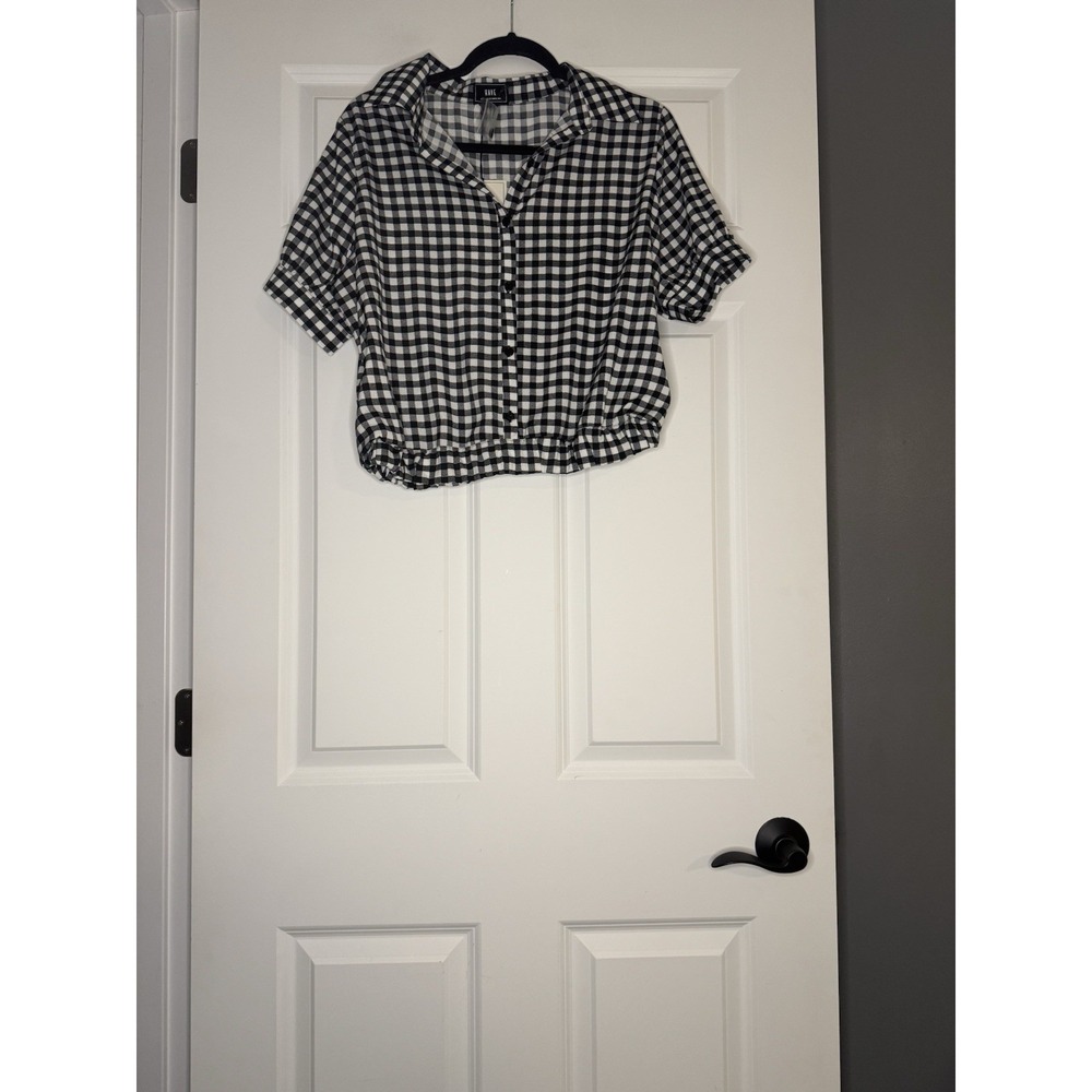 Have Los Angeles Gingham Cropped Short Sleeve Button Up M Elastic Waist Nwt